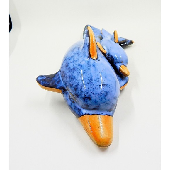 Pottery Ceramic Drip Glazed Blue Dolphin Momma and Baby Nautical Figurine Statue - Picture 2 of 6